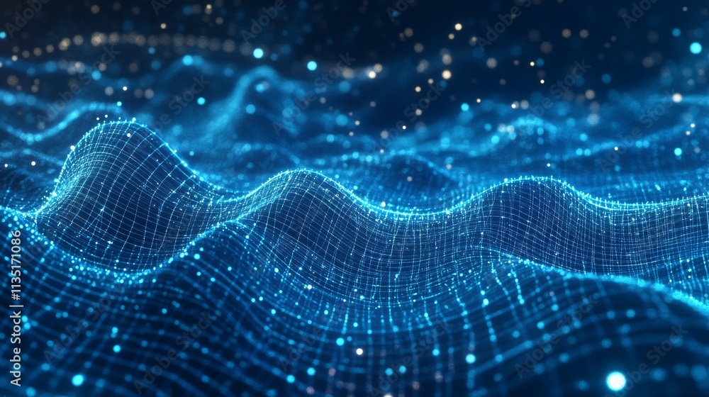 Poster a futuristic visualization of digital waves composed of interconnected blue lines and dots in a 3d s