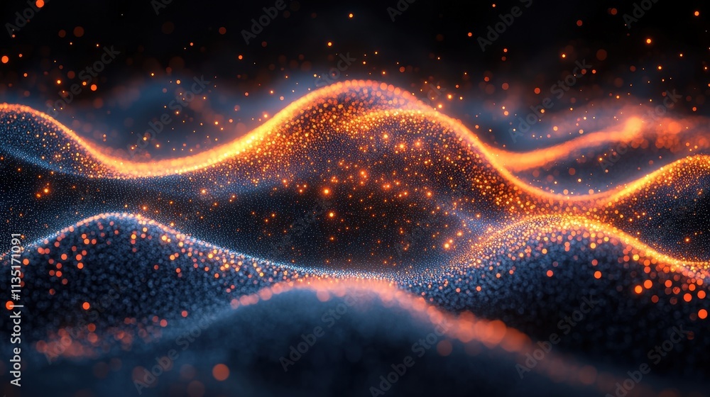 Poster abstract dark blue and orange glowing particle waves 3d render of sparkling energy flow background