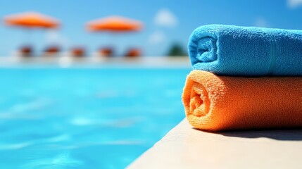 Colorful towels are neatly rolled and placed beside a sparkling blue pool under a clear sky, creating a relaxing vacation vibe, Ideal for travel blogs, vacation planning, and hotel promotions,
