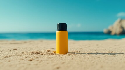 A vibrant yellow bottle sits in the soft sand with a picturesque beach backdrop, making it ideal for promotional content related to summer, outdoor activities, or product packaging in travel,