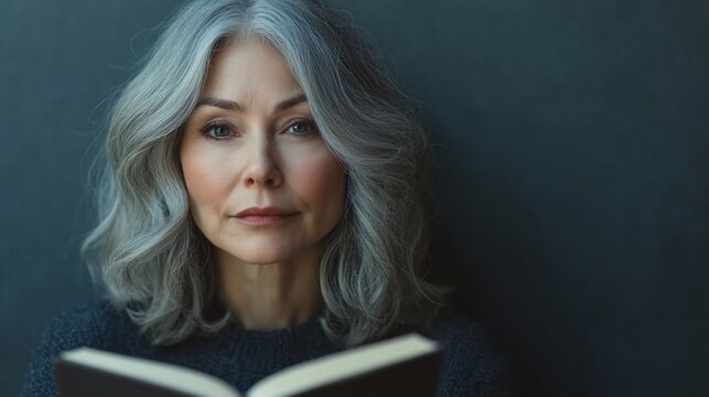Mature woman with gray hair holding a book.