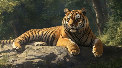 Majestic tiger resting on rock in sun-dappled forest.