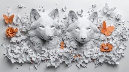 Fototapeta premium Two sculpted wolf heads amidst floral and butterfly decorations.