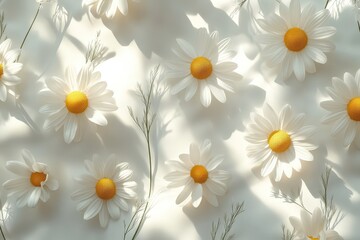 Abstract chamomile pattern, white background, sunlight shadows, delicate shapes
