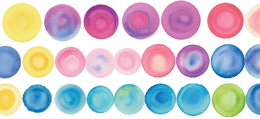 A vibrant collection of multicolor watercolor circles, created with bold brushstrokes, set against a clean white background for a dynamic and expressive artistic design.