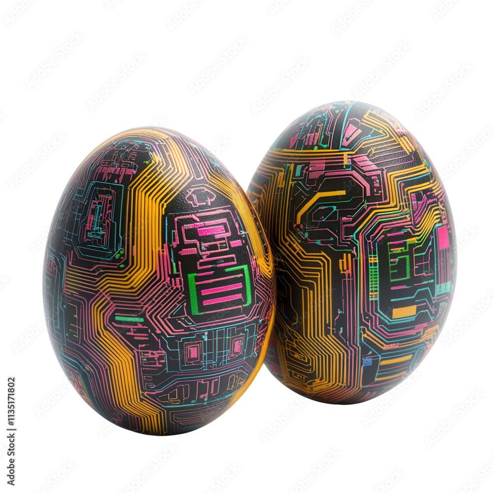 Poster two intricately designed eggs featuring vibrant circuit patterns in a mix of colors, showcasing a fu