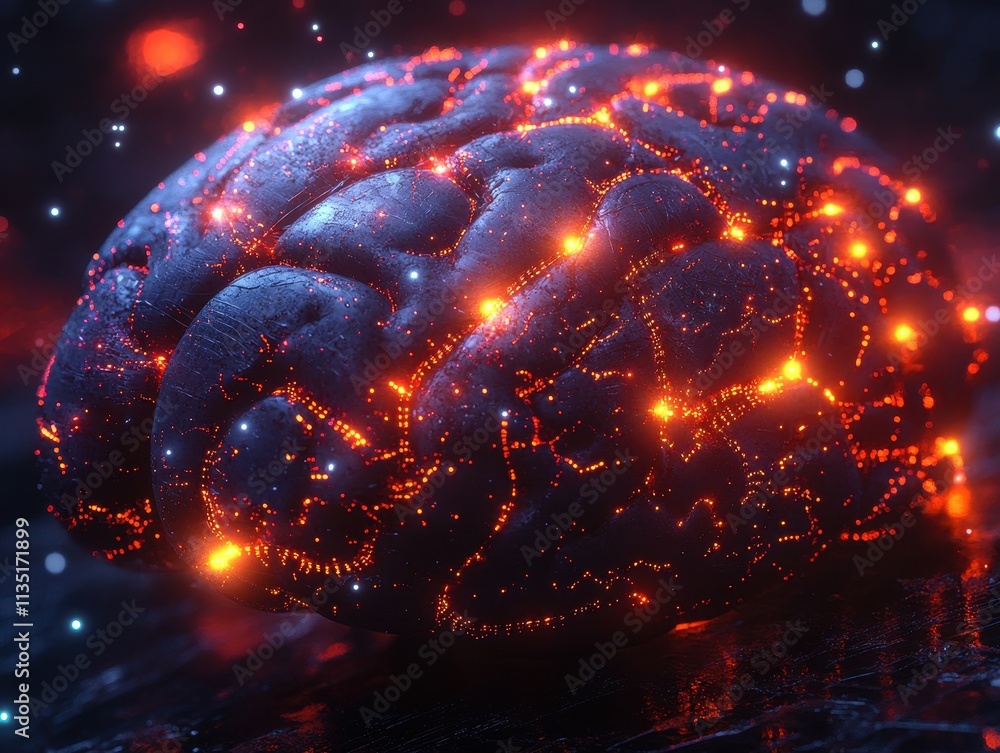 Poster glowing brain network digital render of neural pathways with red and white sparks.