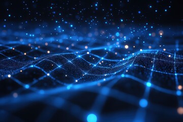 Obraz premium Abstract dark blue background, sparkling blue light particles, deep depth of field, particles forming lines, surfaces, grids