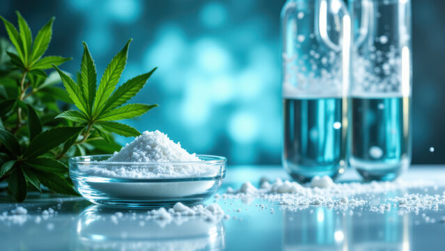 "White powdered THCA crystals on a blue surface with cannabis leaves and bottles of liquid"