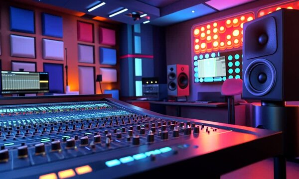 Modern music studio recording console with vibrant lighting and audio equipment.