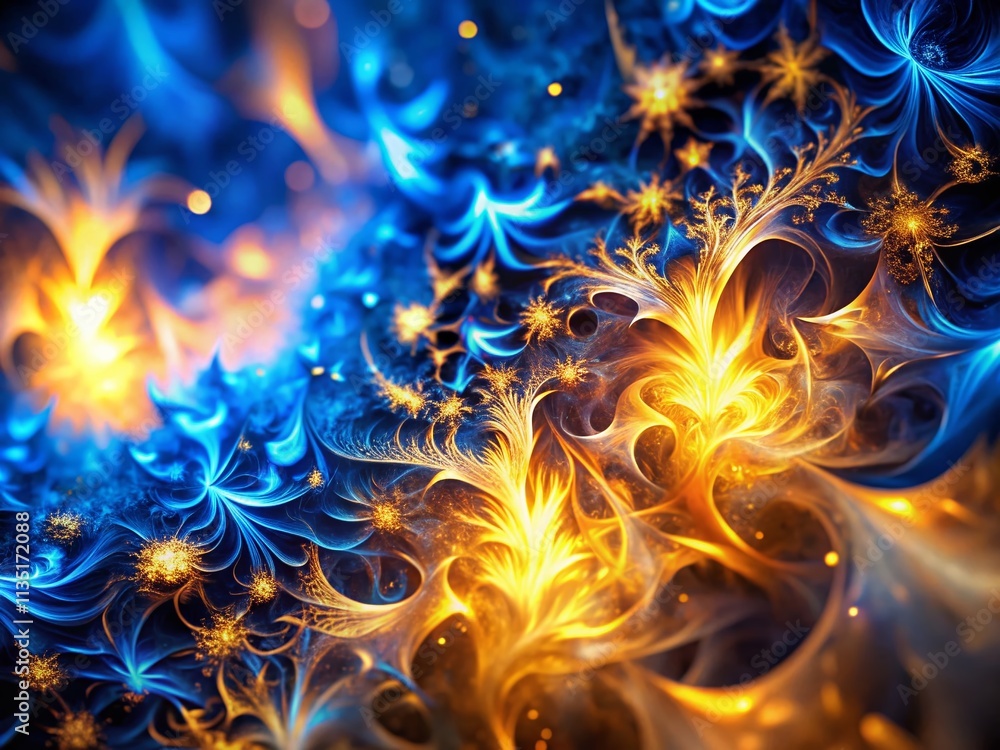 Poster stunning electric blue and gold fractal flames creating ethereal complexity in a tilt-shift perspect