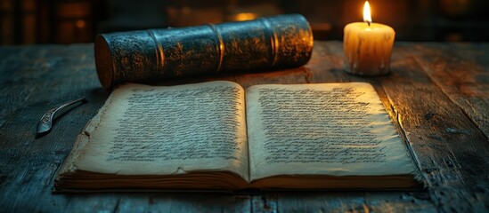 Open antique book illuminated by candlelight on wooden table.