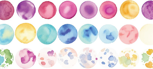 A vibrant collection of multicolor watercolor circles, created with bold brushstrokes, set against a clean white background for a dynamic and expressive artistic design.