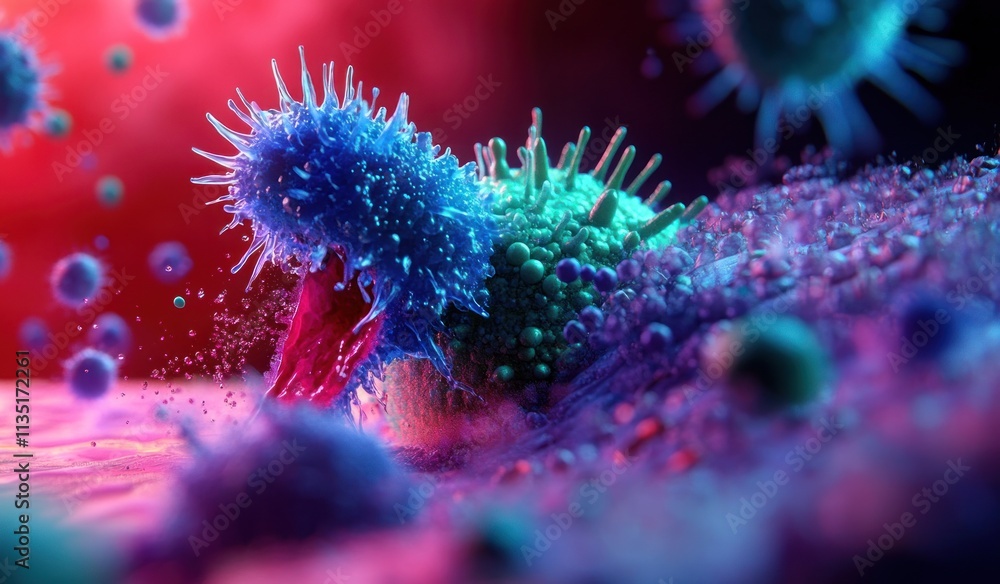 Poster microscopic view of a virus attacking a cell.