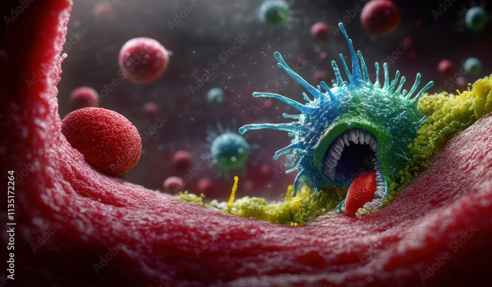 Poster microscopic view of a virus attacking a cell. (1)