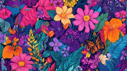Whimsical Floral and Foliage Designs Seamless pattern: Playful Doodles, Geometric Leaves, and Elegant Wildflowers in Bold and Soft Color Palettes.