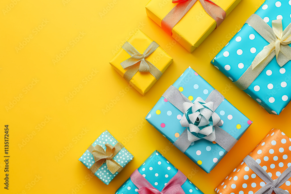 Poster stack of colorful boxes with a yellow background.