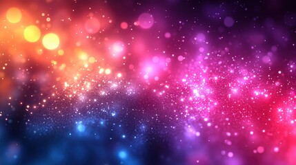 Abstract Glittering Cosmic Nebula Background with Colorful Bokeh Lights and Shimmering Particles.