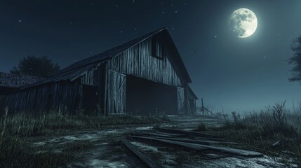 A wooden barn stands under the glowing moonlight in a misty, eerie nighttime setting. The dilapidated barn and the quiet, rural atmosphere create a mysterious and suspenseful mood.. AI Generation