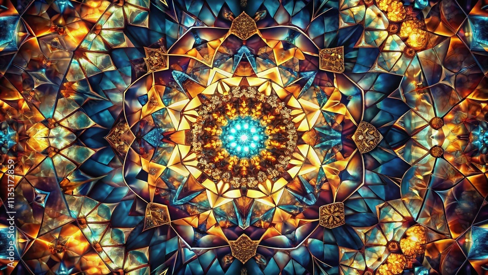 Poster stunning geometric wavy pattern kaleidoscope with smooth light mosaic on a dark background showcasin