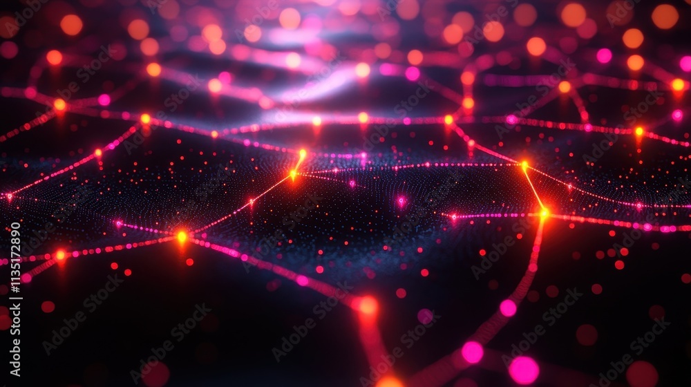Poster abstract digital network with glowing nodes and connected lines on dark background.