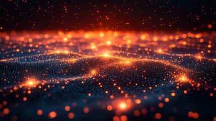 Abstract Dark Blue and Orange Glowing Particle Wave Background - Digital Art, Futuristic Technology, and Sci-Fi Texture