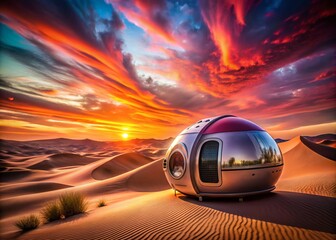 Obraz premium Stunning Futuristic Desert Mirage Capsule at Sunset with Expansive Copy Space for Creative Projects and Marketing Use, Showcasing Advanced Design and Serene Landscape