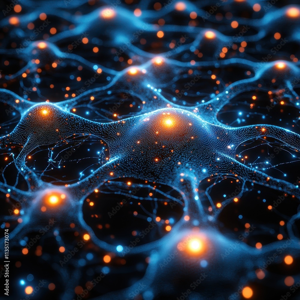 Poster abstract neural network visualization with glowing nodes and connections, deep learning concept.
