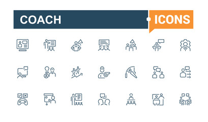 Coach line icon collections. Includes icons for counselor, leadership, manager, training, motivation, teamwork, method, mentoring. Thin outline icons pack. Vector illustration in modern line style.