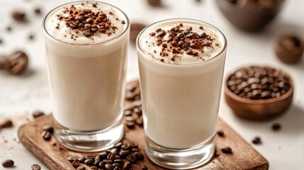 Coffee with milk with roasted beans and ground beans. 