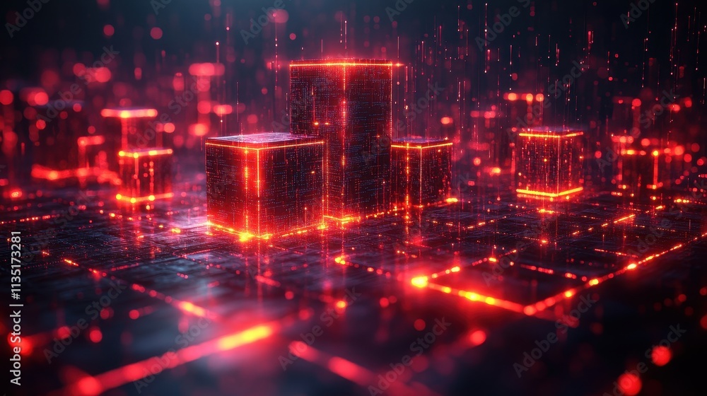 Poster abstract red data network glowing cubic structures and light trails on a digital grid background.