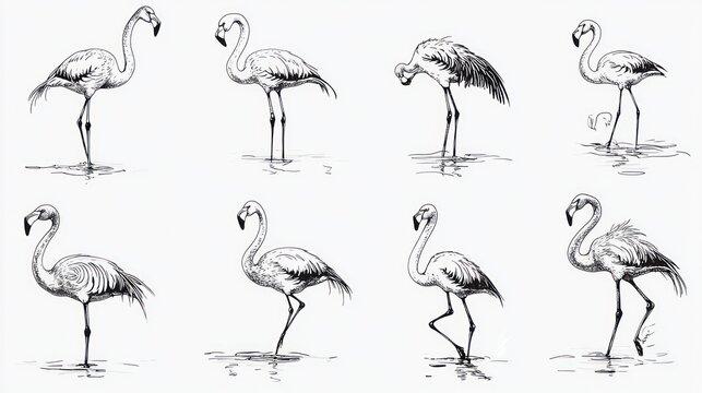 Various poses of flamingos in black and white ink drawings.