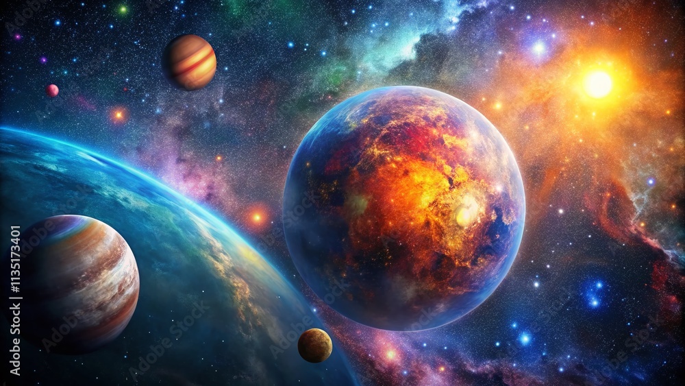 Poster stunning high depth of field image of a colorful planet with vibrant atmosphere surrounded by stars 