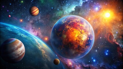 Stunning High Depth of Field Image of a Colorful Planet with Vibrant Atmosphere Surrounded by Stars and Cosmic Elements, Perfect for Science Fiction and Astronomy Themes