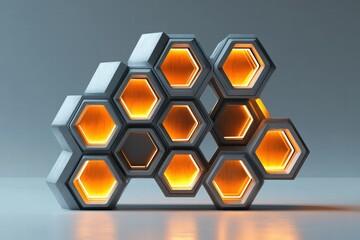 3D model, futuristic hexagon wall, block structure, metallic materials, glowing details, clean lines