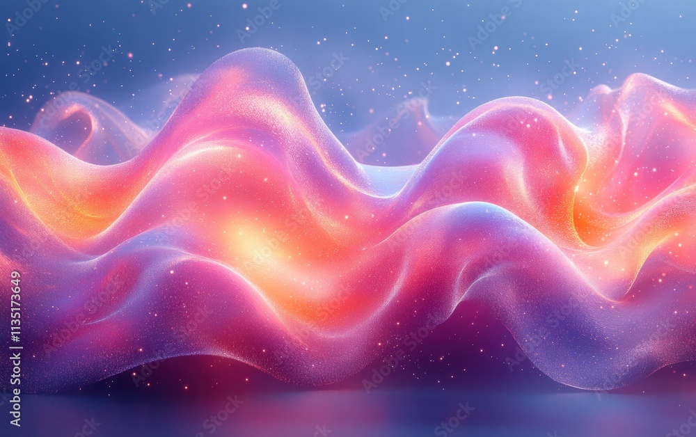 Poster abstract luminous flowing waves with glittering particle effects on gradient background.
