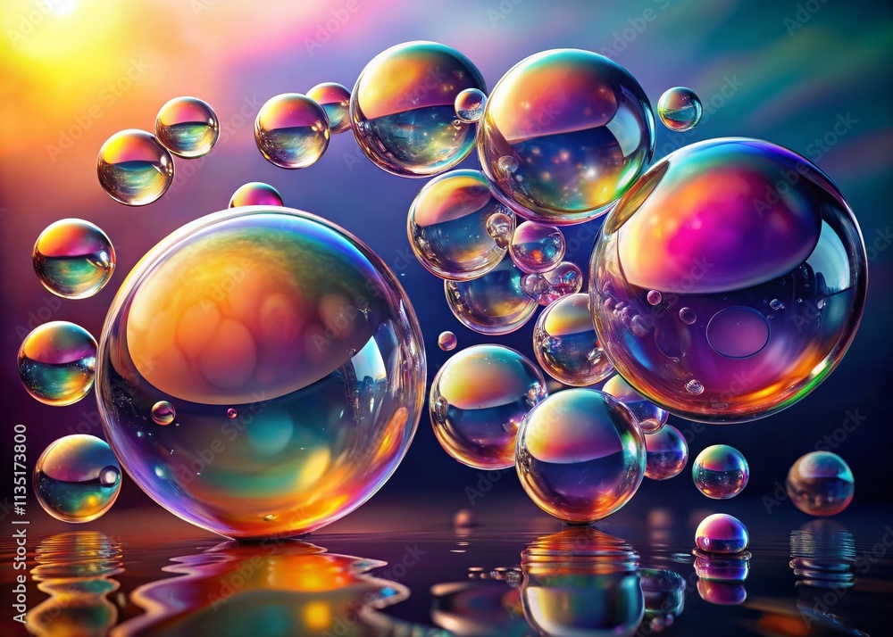 Poster stunning isolated set of colorful bubbles with soft reflections on a clean surface ideal for backgro