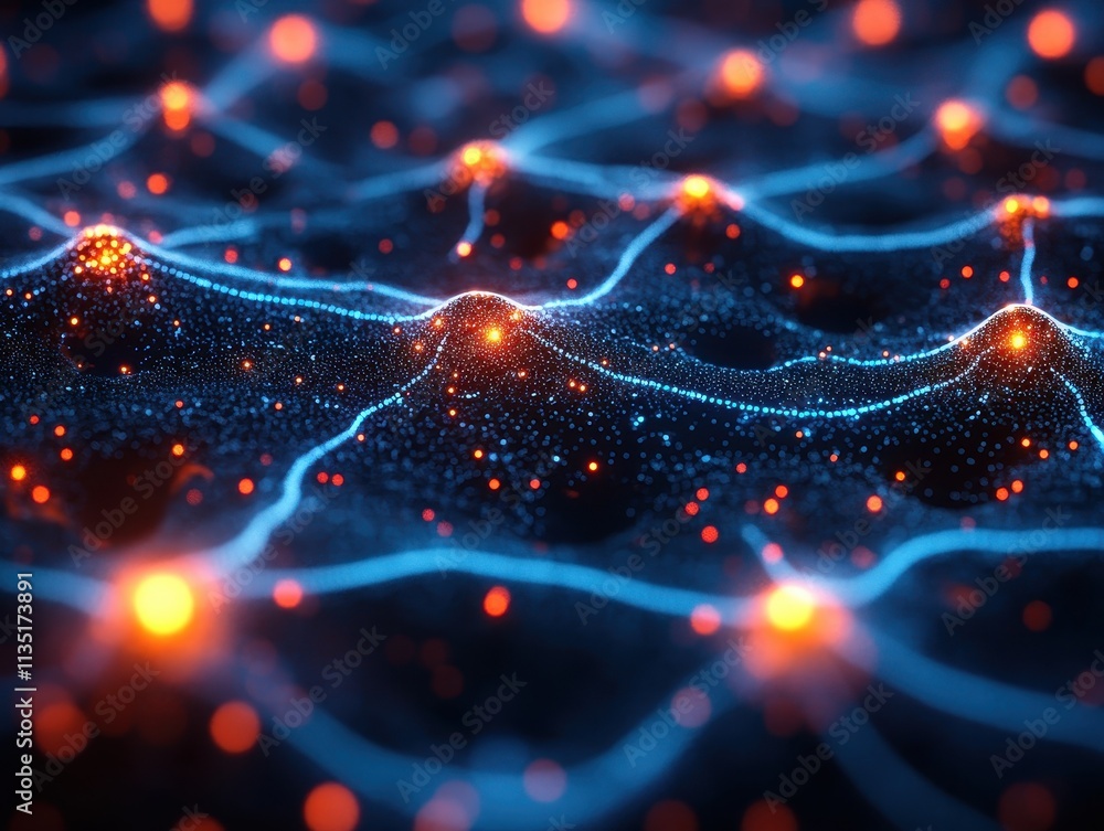 Poster abstract network of glowing particles and interconnected lines, dark background.