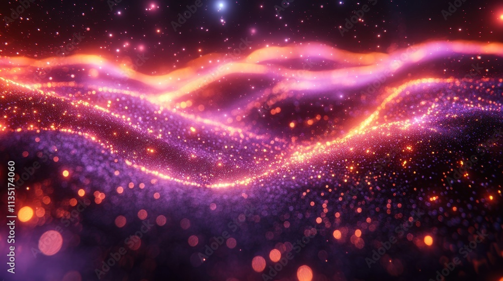 Poster ethereal cosmic waves abstract glittering particle flow in deep space.