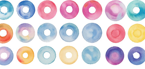 A vibrant collection of multicolor watercolor circles, created with bold brushstrokes, set against a clean white background for a dynamic and expressive artistic design.