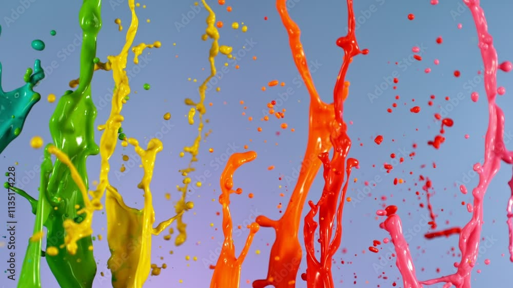 Poster super slow motion of flying colored splashes, isolated on colored background. filmed on high speed c