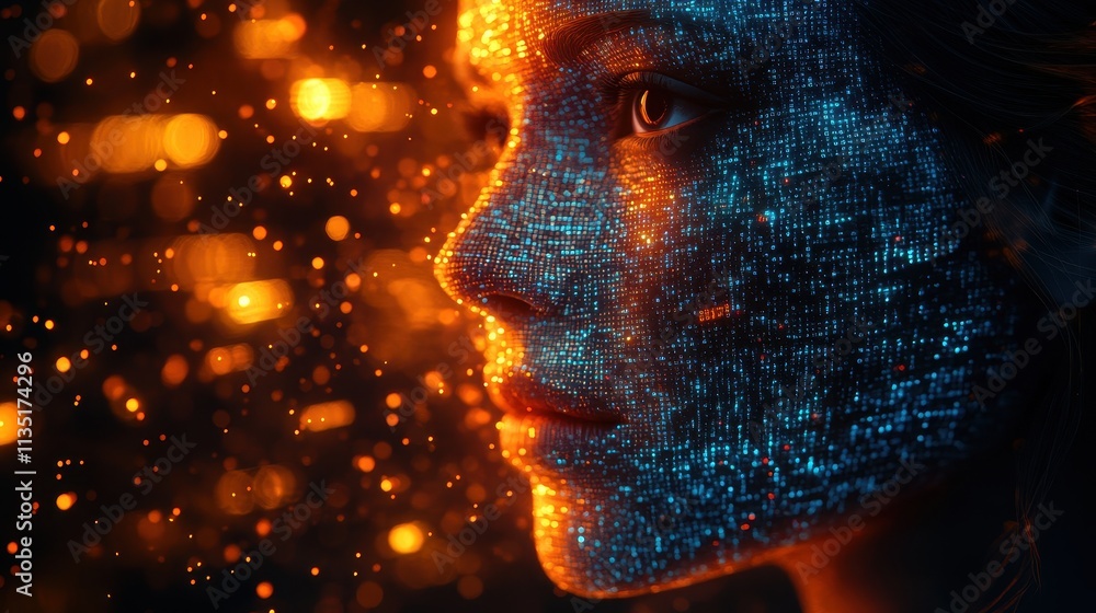Poster digital face futuristic portrait of a woman with binary code and bokeh lights.