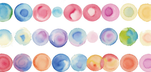 A vibrant collection of multicolor watercolor circles, created with bold brushstrokes, set against a clean white background for a dynamic and expressive artistic design.