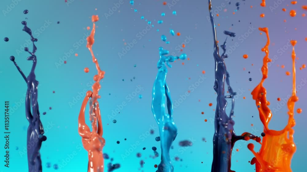 Poster super slow motion of flying colored splashes, isolated on colored background. filmed on high speed c