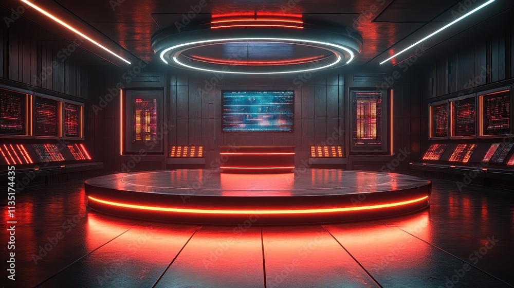 Poster futuristic data control room with neon lights and multiple screens.