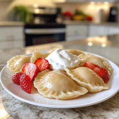 Sweet pierogi dumplings with strawberries, whipped cream, and honey glaze, served on a white plate in a bright kitchen interior