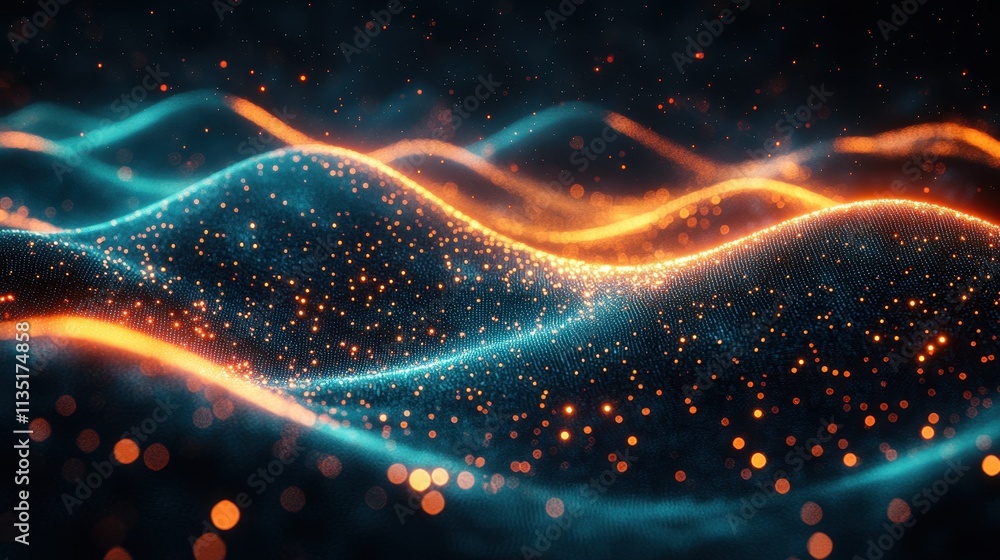 Poster abstract dynamic particle waves with bokeh, teal and orange light on dark background.