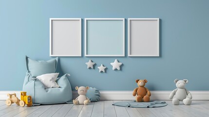Mock up poster frame in children room,3D rendering.