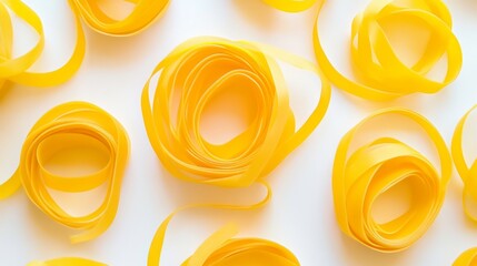 Yellow rubber bands isolated on white, top view