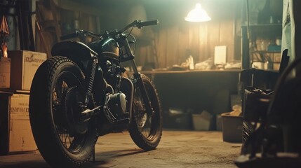 Custom Motorcycle in a Dark Garage Setting